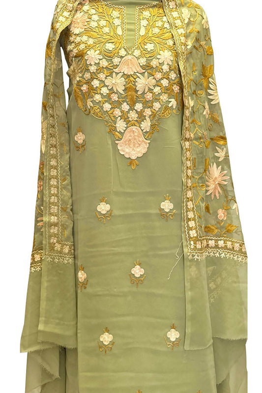 Elegant Green Kashmiri Aari Work Georgette Three Piece Suit