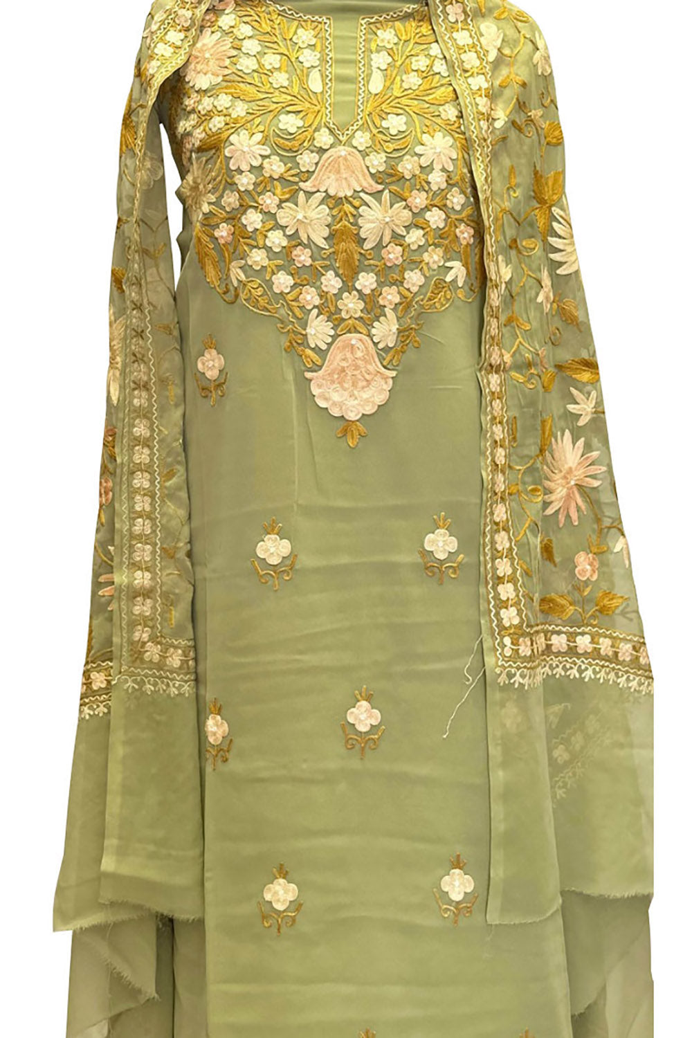 Elegant Green Kashmiri Aari Work Georgette Three Piece Suit - Luxurion World