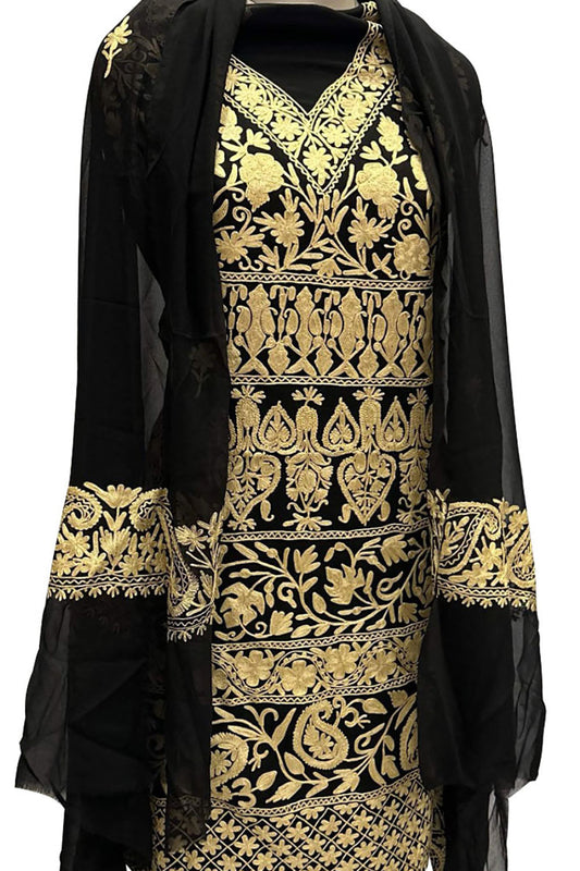 Elegant Black Kashmiri Aari Work Georgette Three Piece Unstitched Suit Set