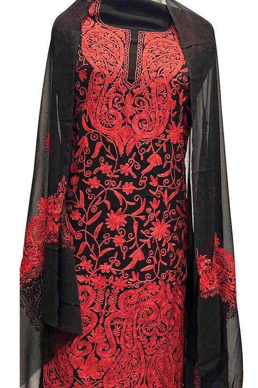 Elegant Black Kashmiri Aari Work Georgette Three Piece Suit