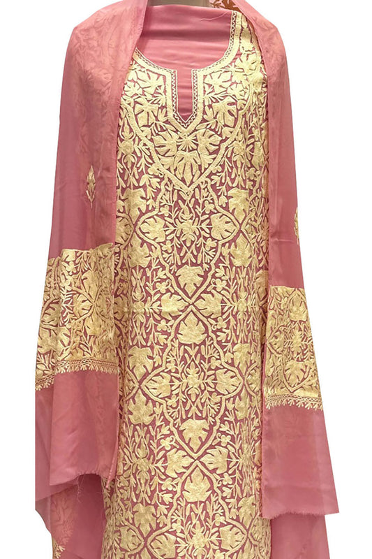 Elegant Pink Kashmiri Aari Work Georgette Three Piece Suit - Luxurion World