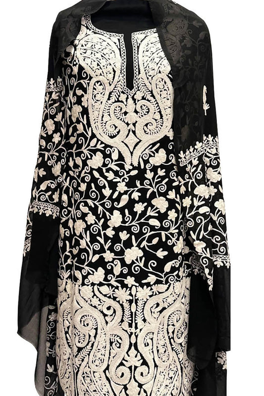 Elegant Black Kashmiri Aari Work Georgette Three Piece Unstitched Suit Set - Luxurion World