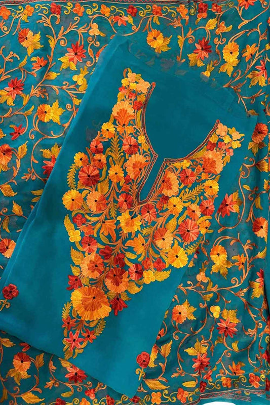 Elegant Blue Kashmiri Aari Work Georgette Three Piece Unstitched Suit Set - Luxurion World
