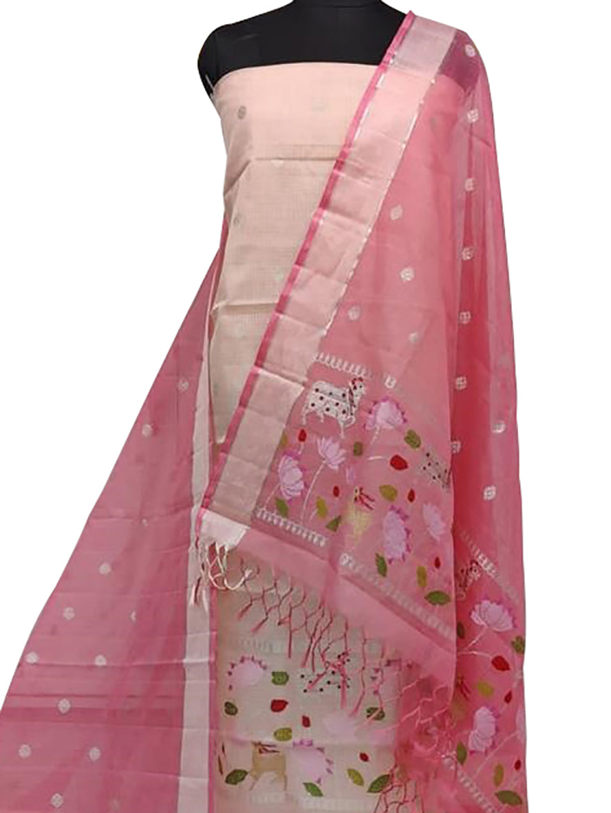 Pink Handloom Kota Doria Real Zari Two Piece Unstitched Suit Set - Luxurion World