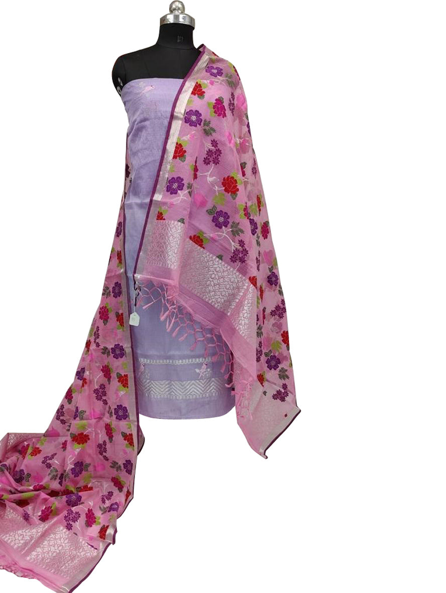 Purple And Pink Handloom Kota Doria Real Zari Two Piece Unstitched Suit Set - Luxurion World