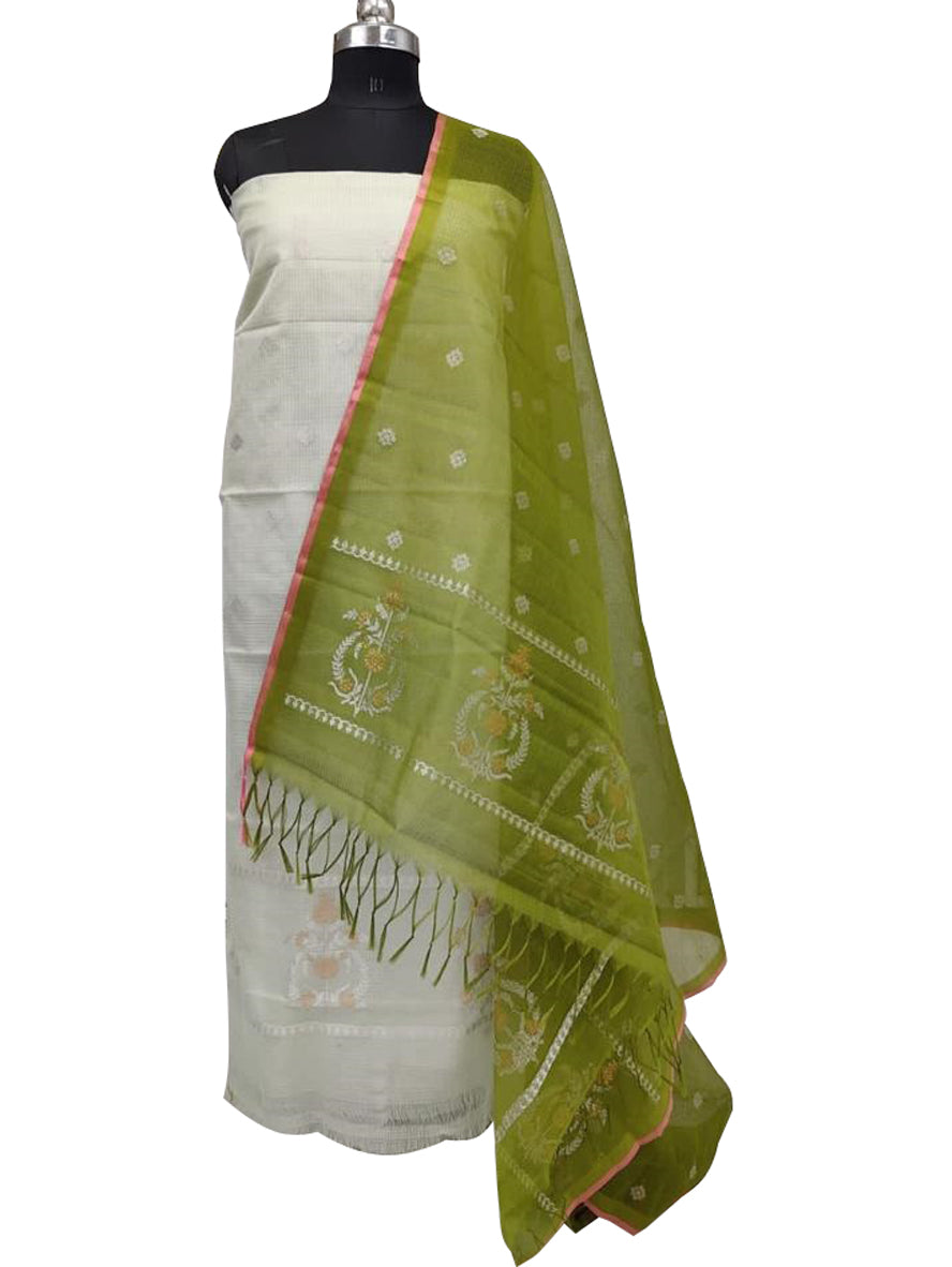 Off White And Green Handloom Kota Doria Real Zari Two Piece Unstitched Suit Set