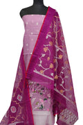 Pink Kota Doria Real Zari Unstitched Suit Set - Luxurion World
