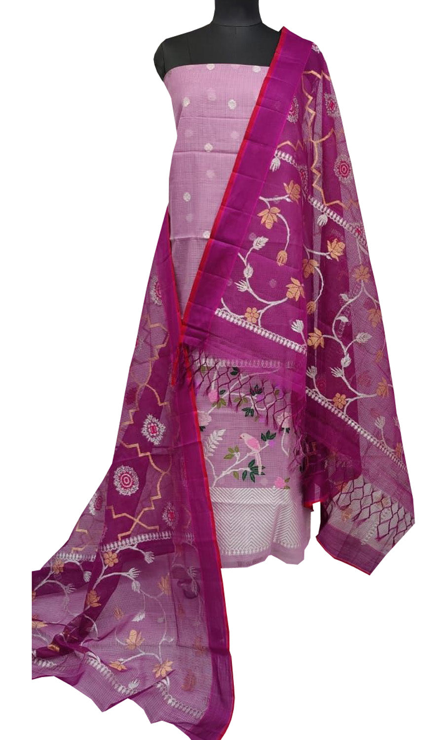 Pink Kota Doria Real Zari Unstitched Suit Set - Luxurion World