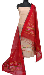 Pastel And Red Kota Doria Real Zari Unstitched Suit Set - Luxurion World