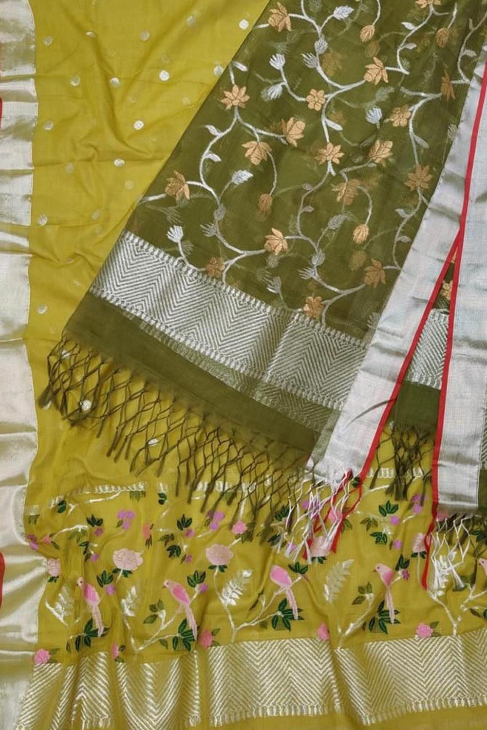 Green Kota Doria Real Zari Unstitched Suit Set - Luxurion World