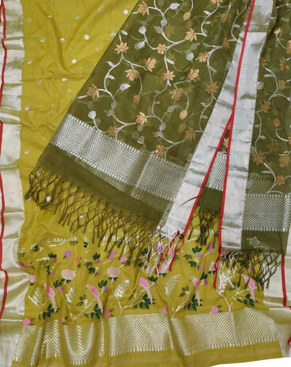 Green Kota Doria Real Zari Unstitched Suit Set - Luxurion World