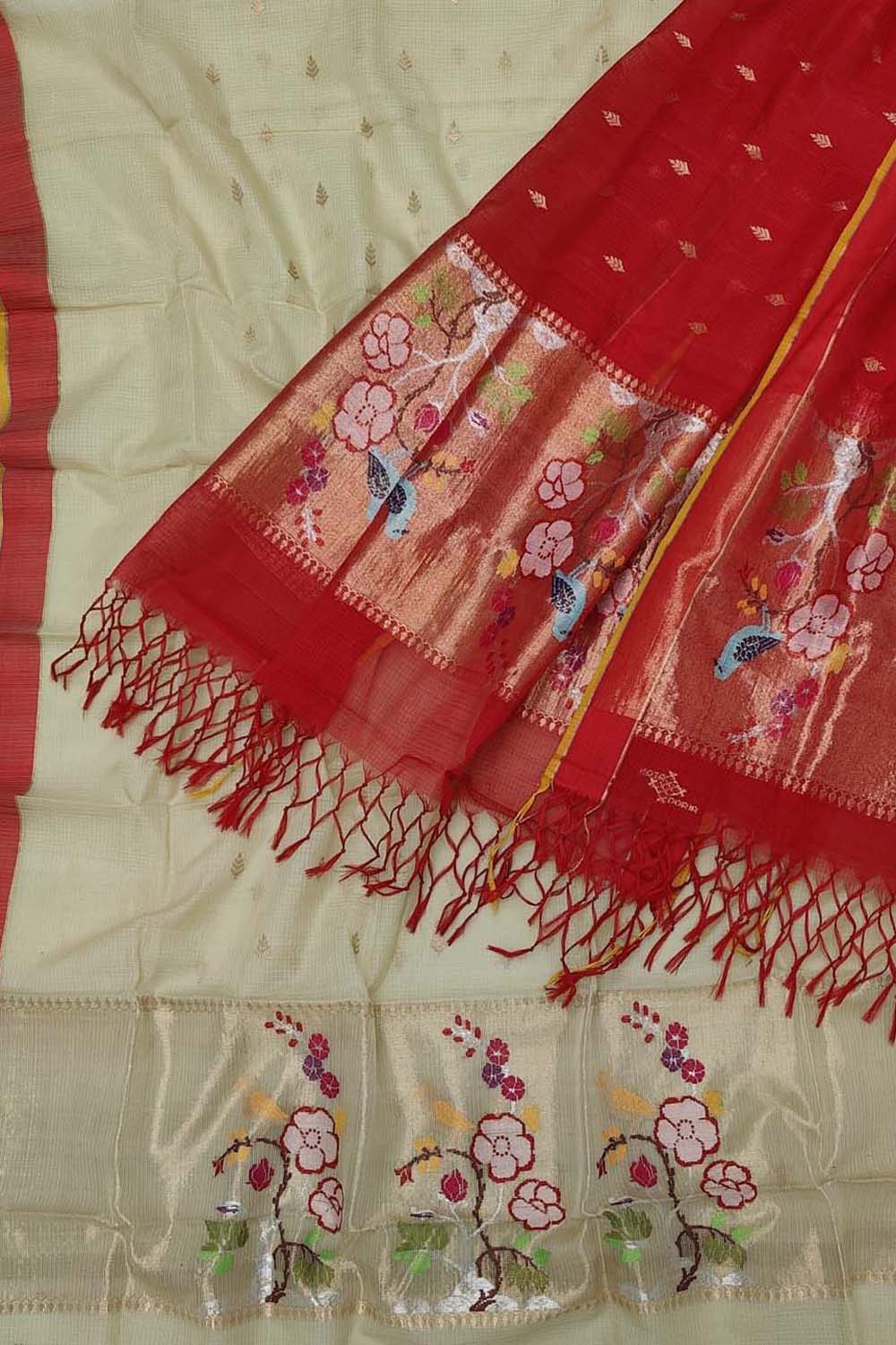 Green And Red Kota Doria Real Zari Unstitched Suit Set - Luxurion World