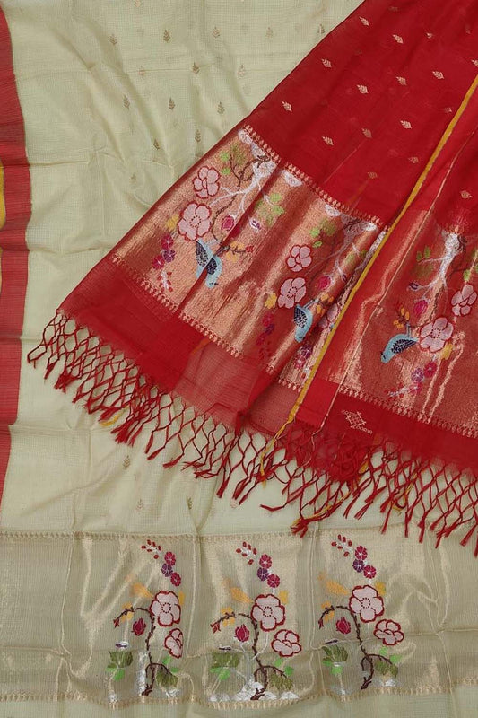 Green And Red Kota Doria Real Zari Unstitched Suit Set - Luxurion World