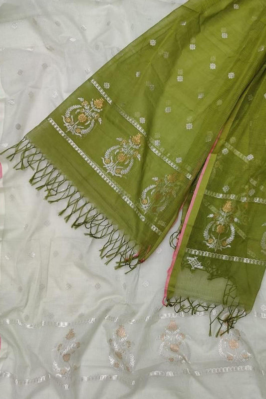 Off White And Green Kota Doria Real Zari Unstitched Suit Set - Luxurion World