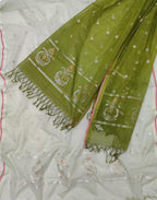 Off White And Green Kota Doria Real Zari Unstitched Suit Set - Luxurion World