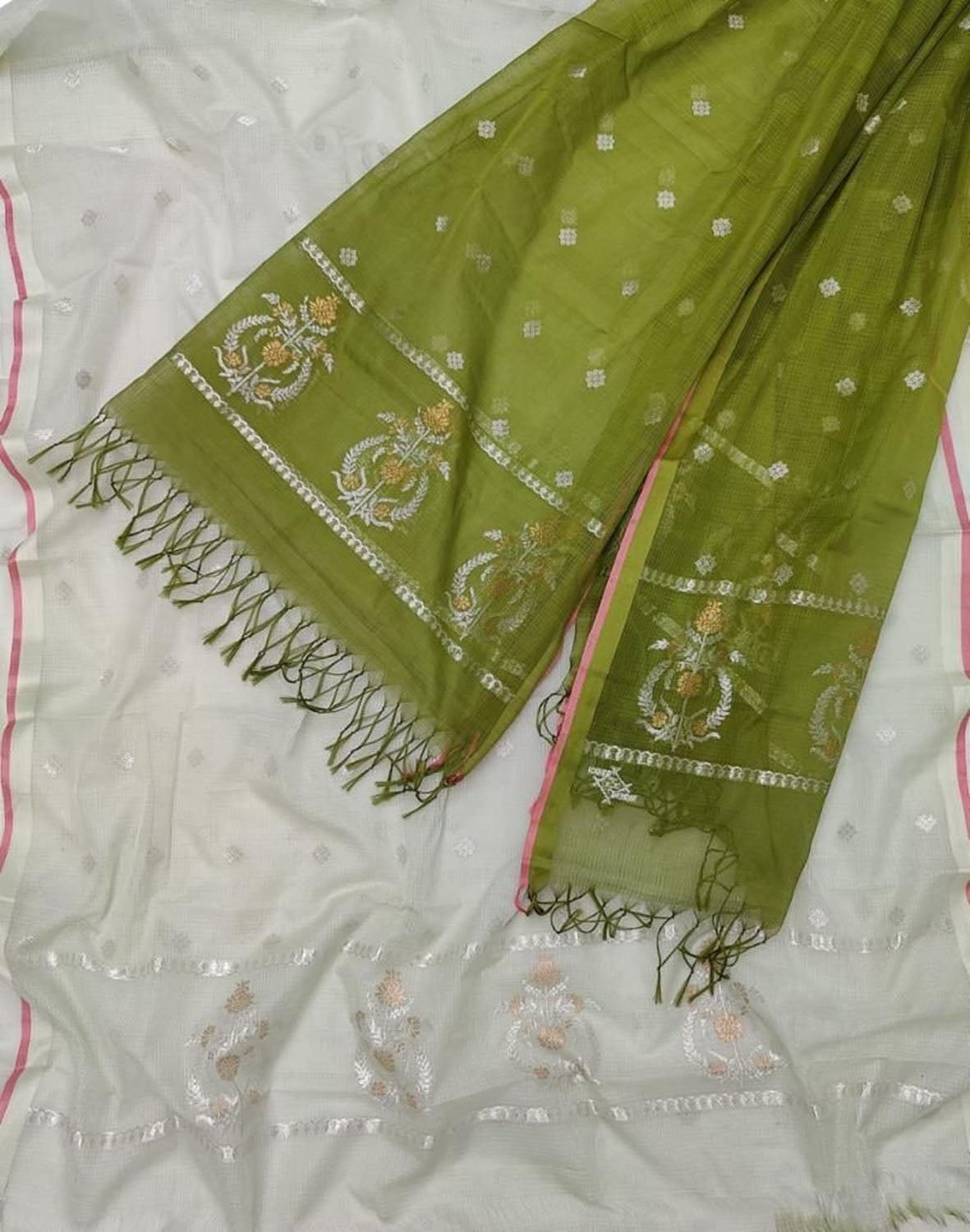 Off White And Green Kota Doria Real Zari Unstitched Suit Set - Luxurion World