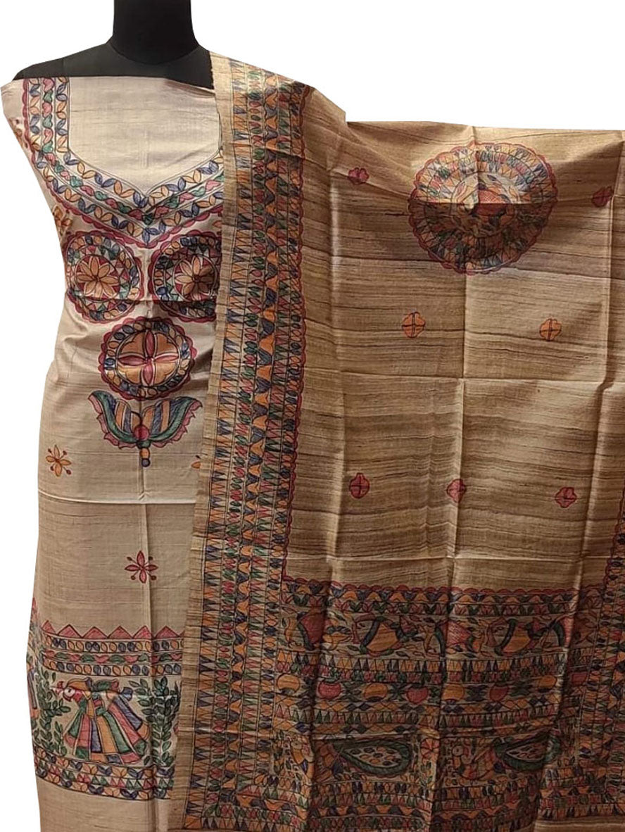 Pastel Madhubani Hand Painted Tussar Ghicha Unstitched Suit Set - Luxurion World
