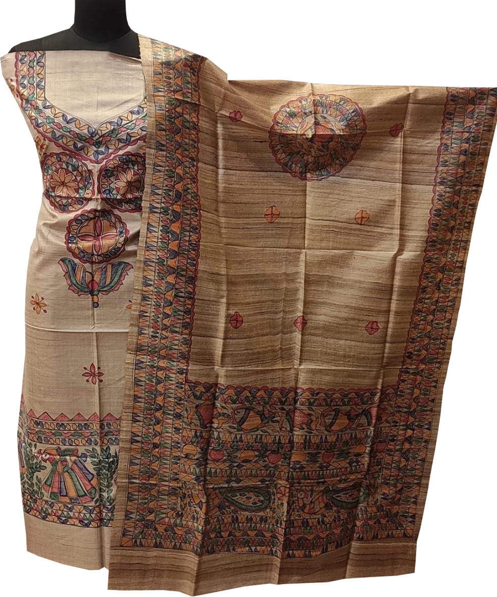 Pastel Madhubani Hand Painted Tussar Ghicha Unstitched Suit Set - Luxurion World