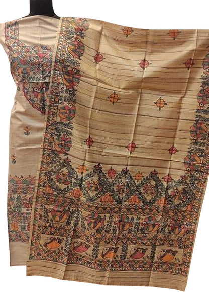 Pastel Madhubani Hand Painted Tussar Ghicha Unstitched Suit Set - Luxurion World