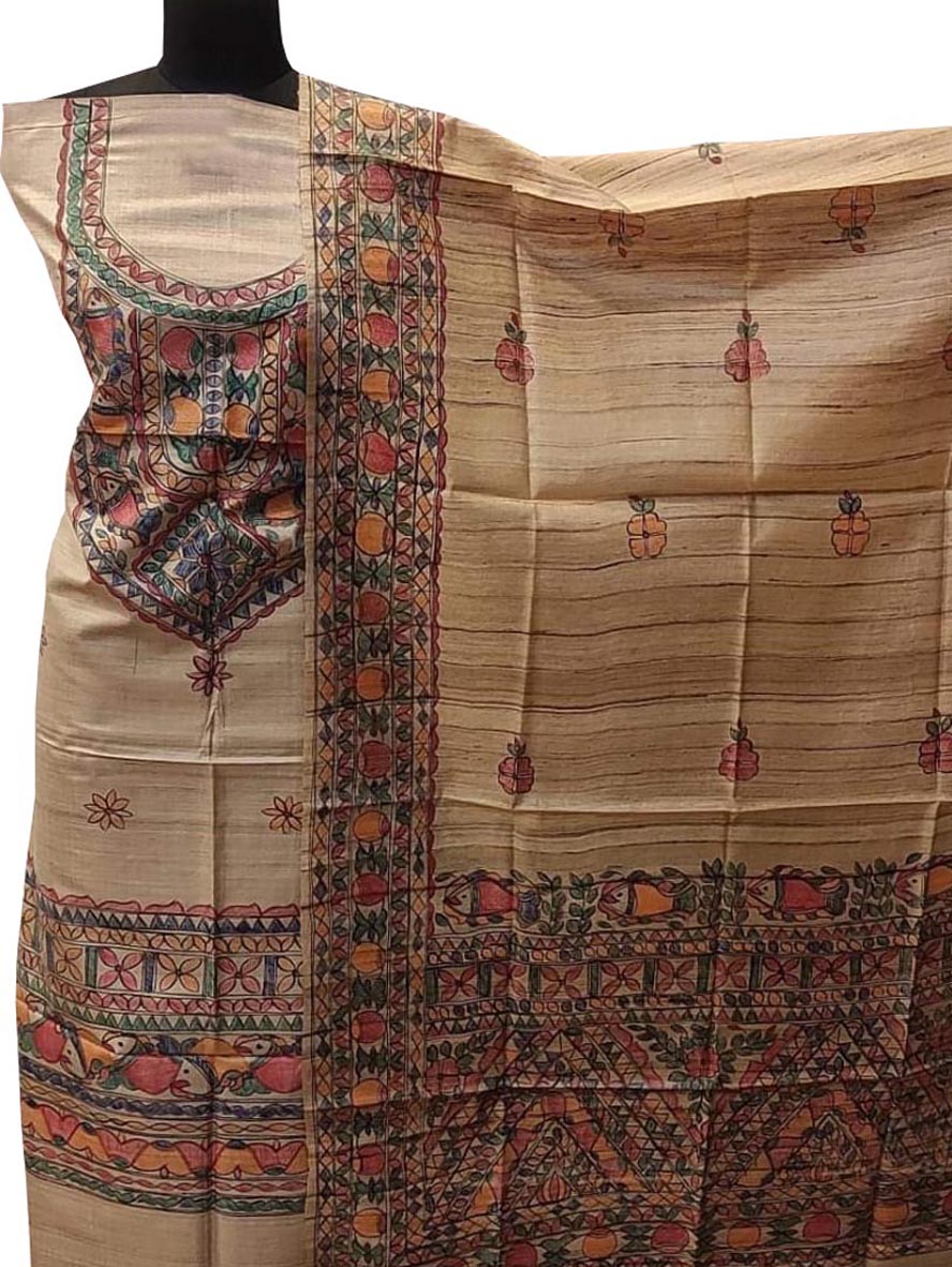 Pastel Madhubani Hand Painted Tussar Ghicha Unstitched Suit Set - Luxurion World