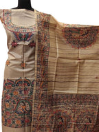 Pastel Madhubani Hand Painted Tussar Ghicha Unstitched Suit Set - Luxurion World