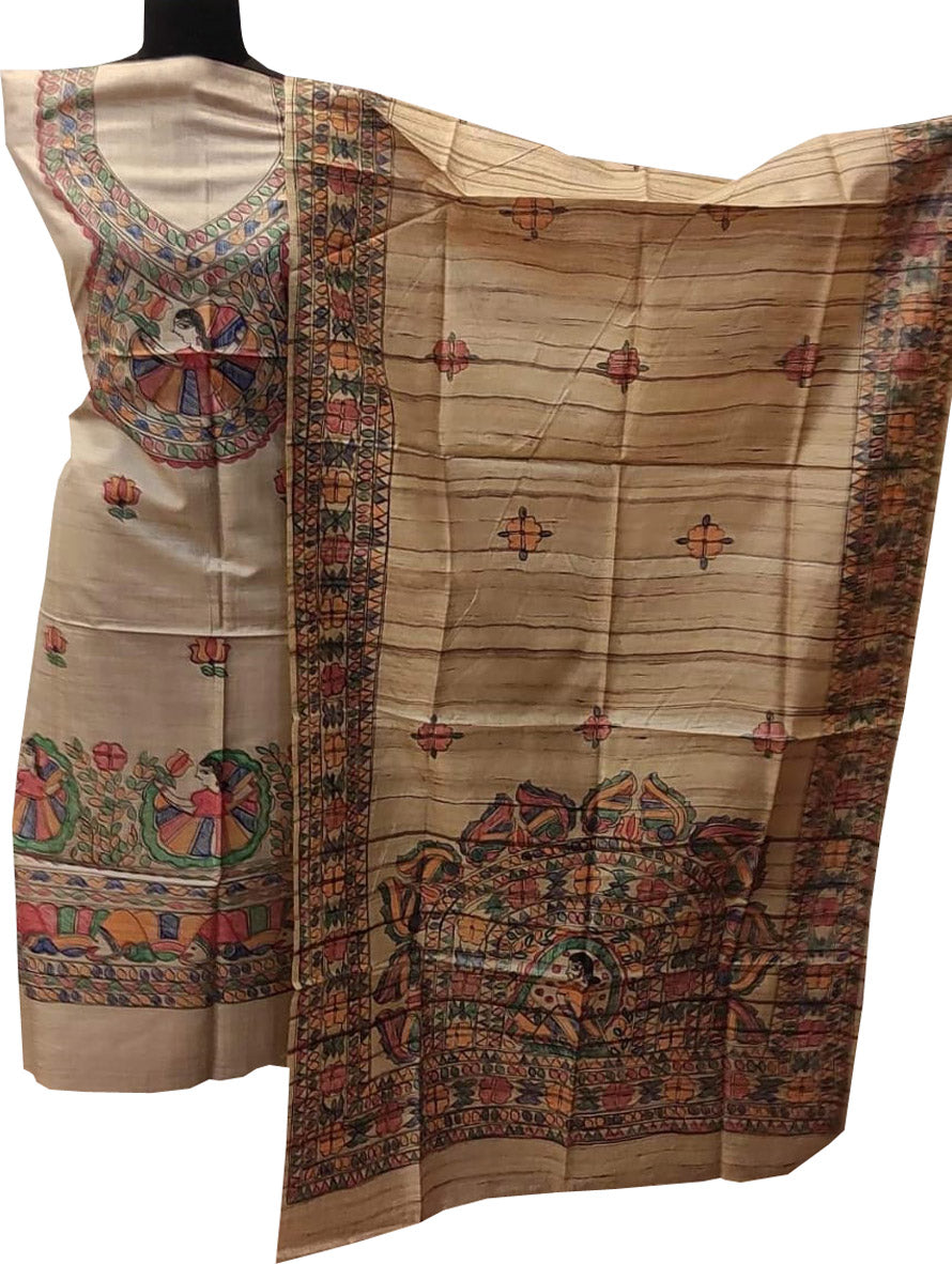Pastel Madhubani Hand Painted Tussar Ghicha Unstitched Suit Set - Luxurion World