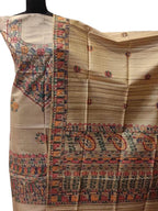Pastel Madhubani Hand Painted Tussar Ghicha Unstitched Suit Set - Luxurion World