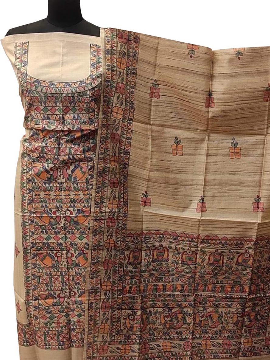 Pastel Madhubani Hand Painted Tussar Ghicha Unstitched Suit Set - Luxurion World