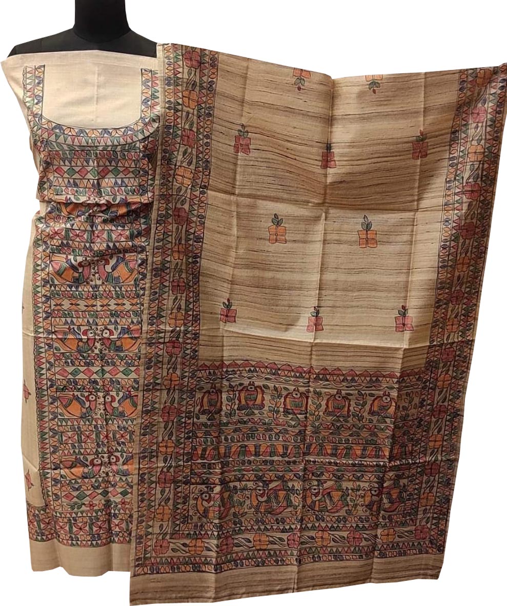Pastel Madhubani Hand Painted Tussar Ghicha Unstitched Suit Set - Luxurion World