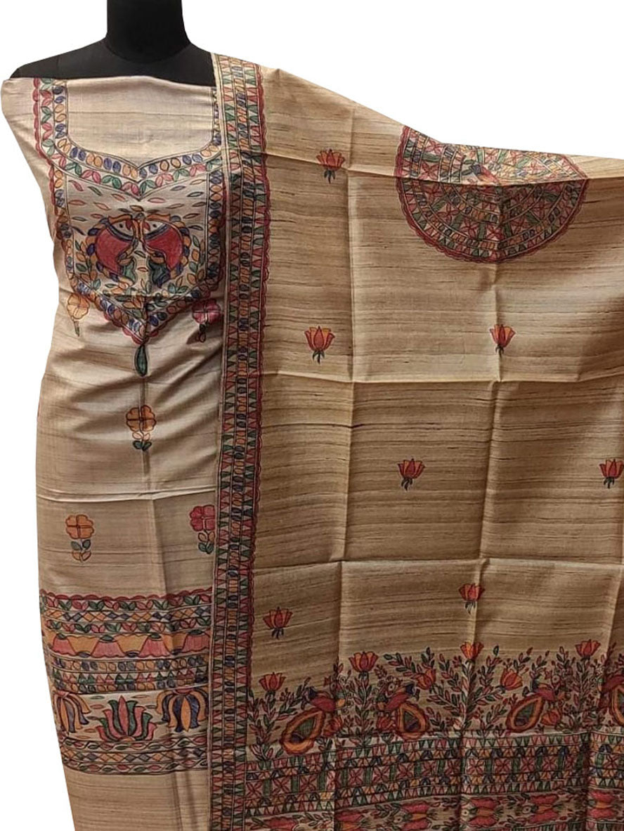 Pastel Madhubani Hand Painted Tussar Ghicha Unstitched Suit Set - Luxurion World