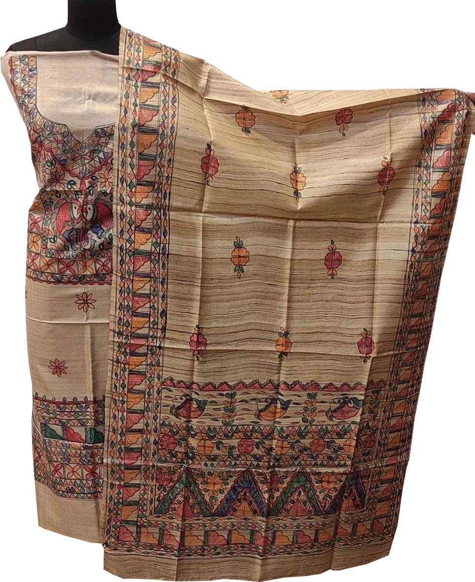 Pastel Madhubani Hand Painted Tussar Ghicha Unstitched Suit Set - Luxurion World