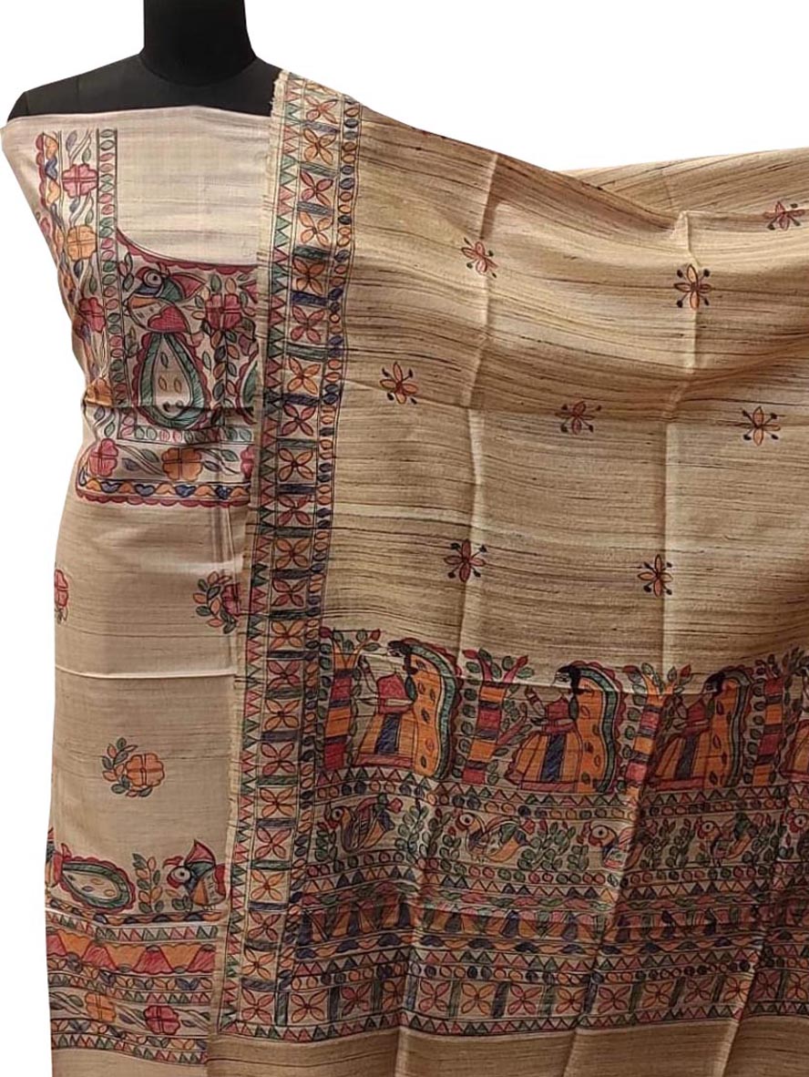Pastel Madhubani Hand Painted Tussar Ghicha Unstitched Suit Set - Luxurion World
