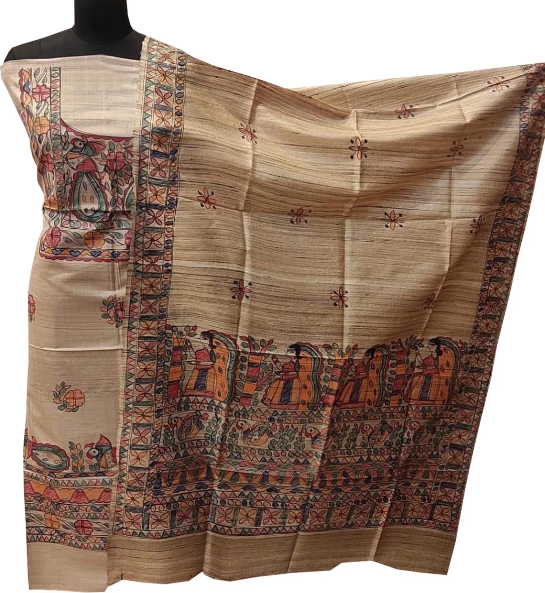 Pastel Madhubani Hand Painted Tussar Ghicha Unstitched Suit Set - Luxurion World