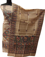 Pastel Madhubani Hand Painted Tussar Ghicha Unstitched Suit Set - Luxurion World