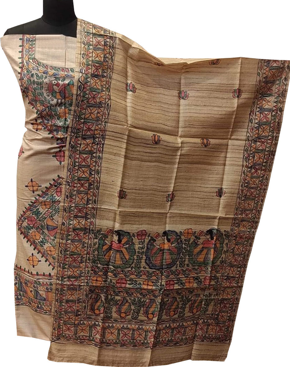 Pastel Madhubani Hand Painted Tussar Ghicha Unstitched Suit Set - Luxurion World