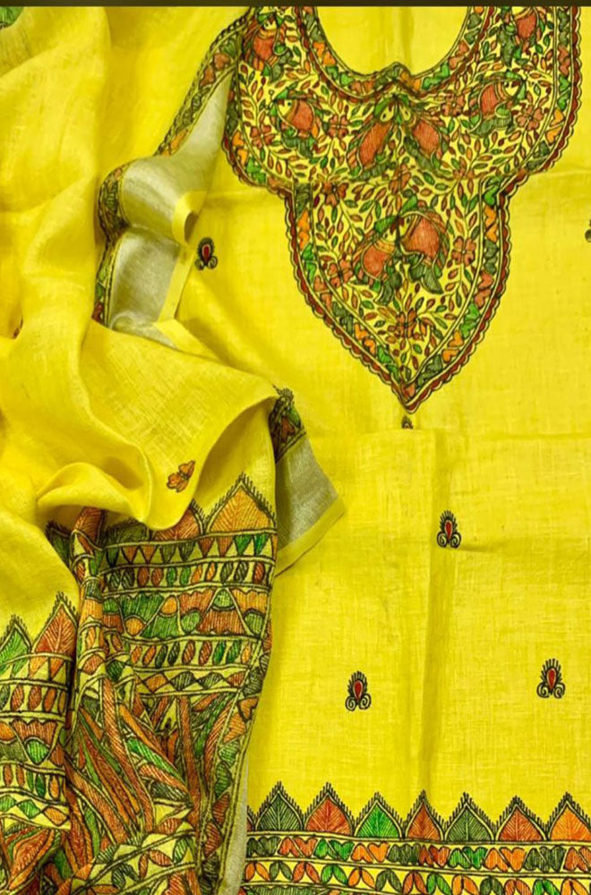 Yellow Hand Painted Madhubani Pure Linen Silk Two Piece Unstitched Suit Set