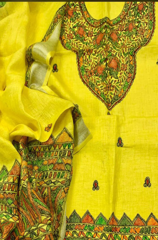 Yellow Hand Painted Madhubani Pure Linen Silk Two Piece Unstitched Suit Set - Luxurion World