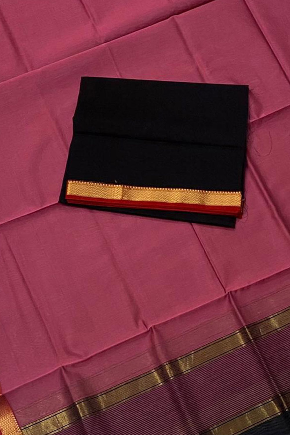 Pink And Black Maheshwari Handloom Cotton Silk Two Piece Suit Set - Luxurion World