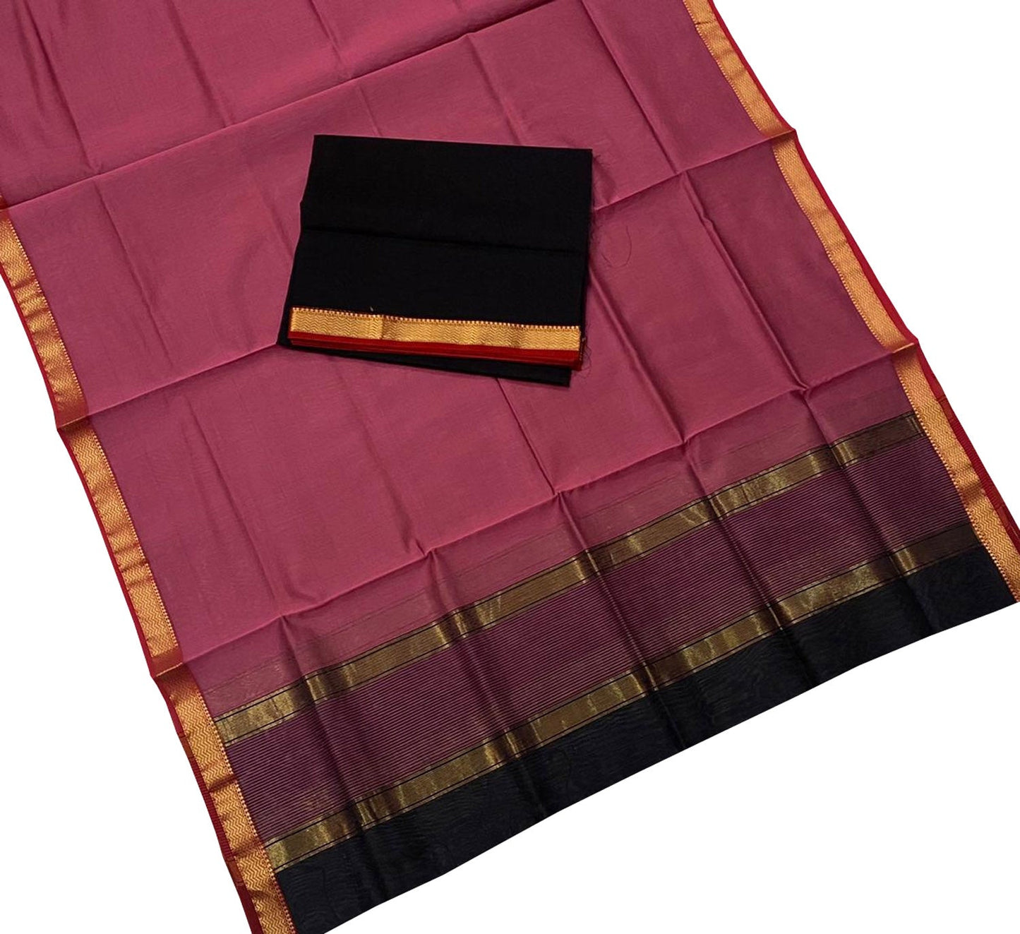 Pink And Black Maheshwari Handloom Cotton Silk Two Piece Suit Set - Luxurion World