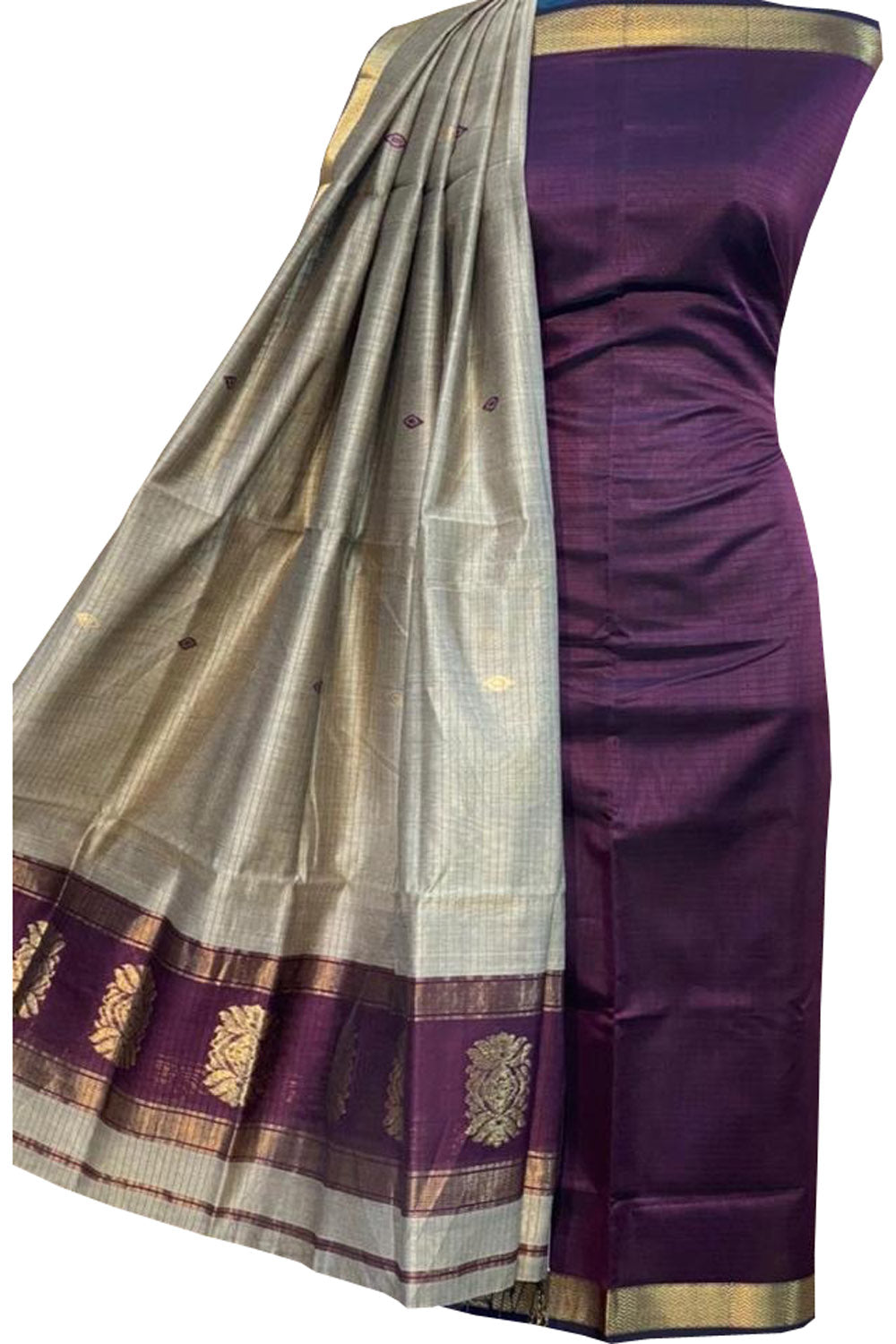 Purple And Pastel Maheshwari Handloom Cotton Silk Two Piece Unstitched Suit Set - Luxurion World