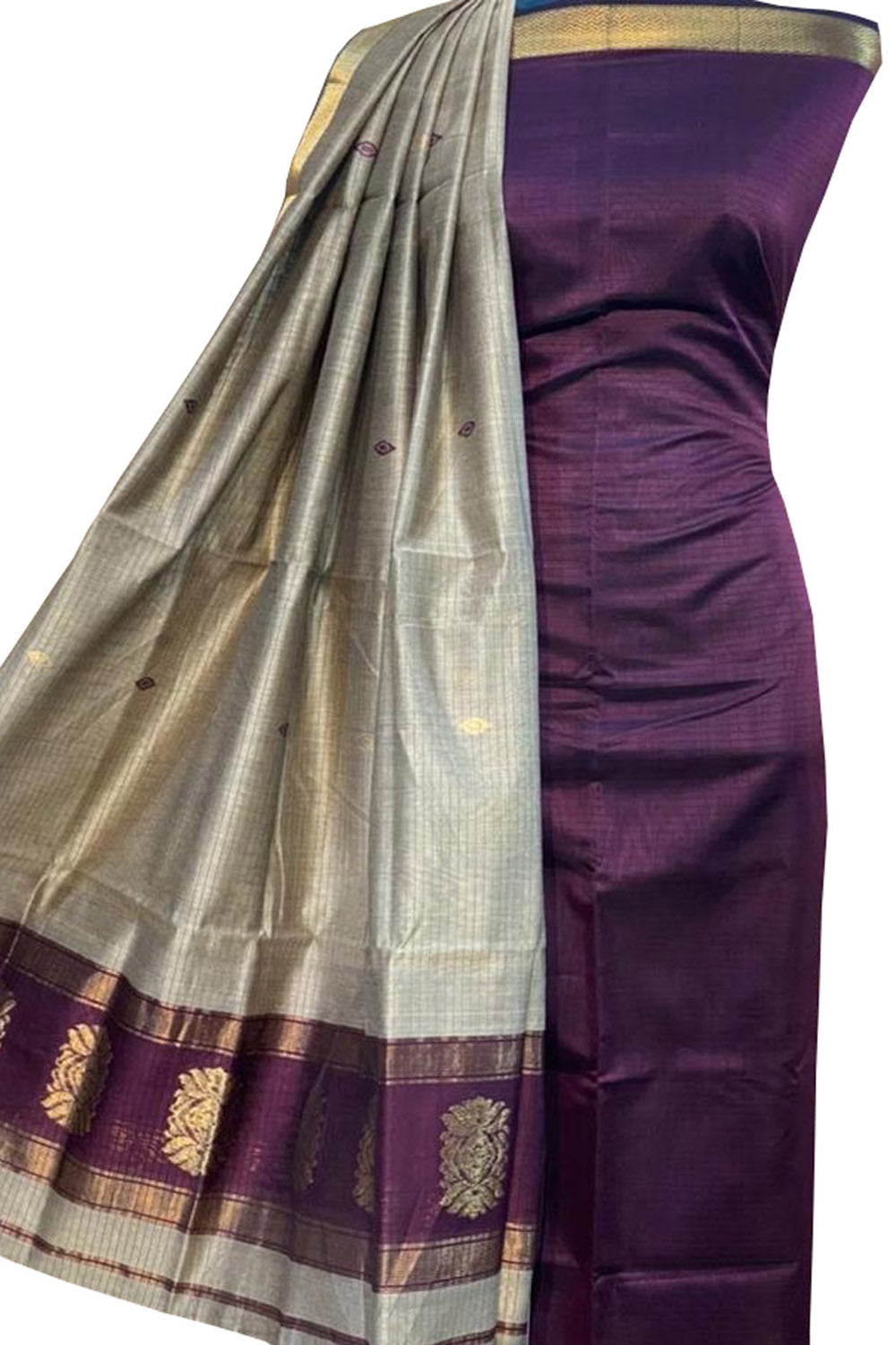 Purple And Pastel Maheshwari Handloom Cotton Silk Two Piece Unstitched Suit Set - Luxurion World