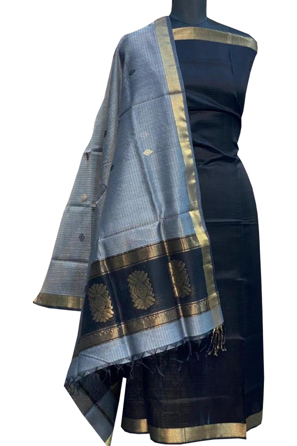 Stylish Black & Grey Maheshwari Handloom Cotton Silk Suit Set