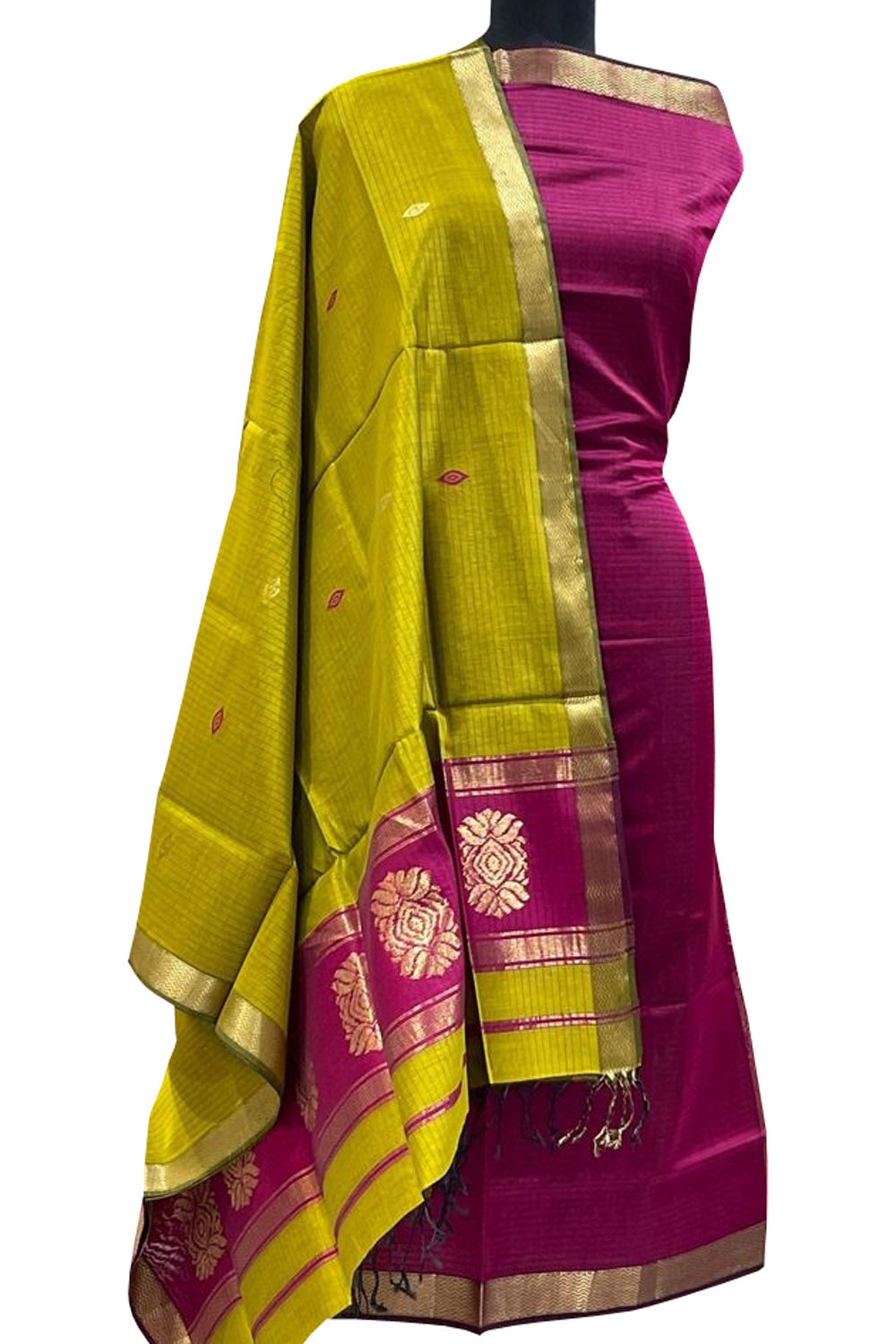Pink And Green Maheshwari Handloom Cotton Silk Two Piece Unstitched Suit Set