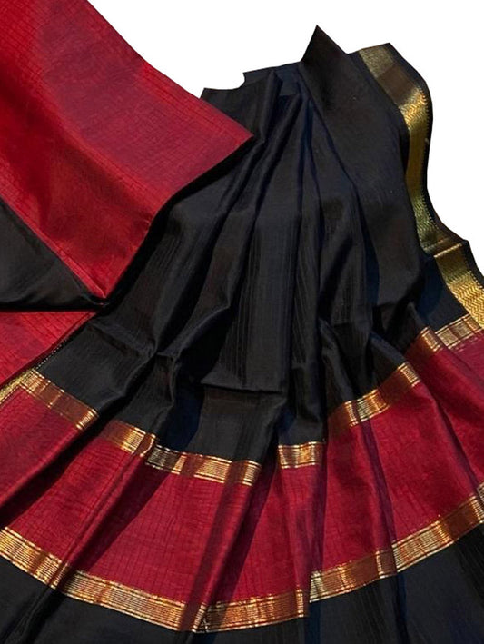 Black And Red Maheshwari Silk Cotton Three Piece Unstitched Suit Set