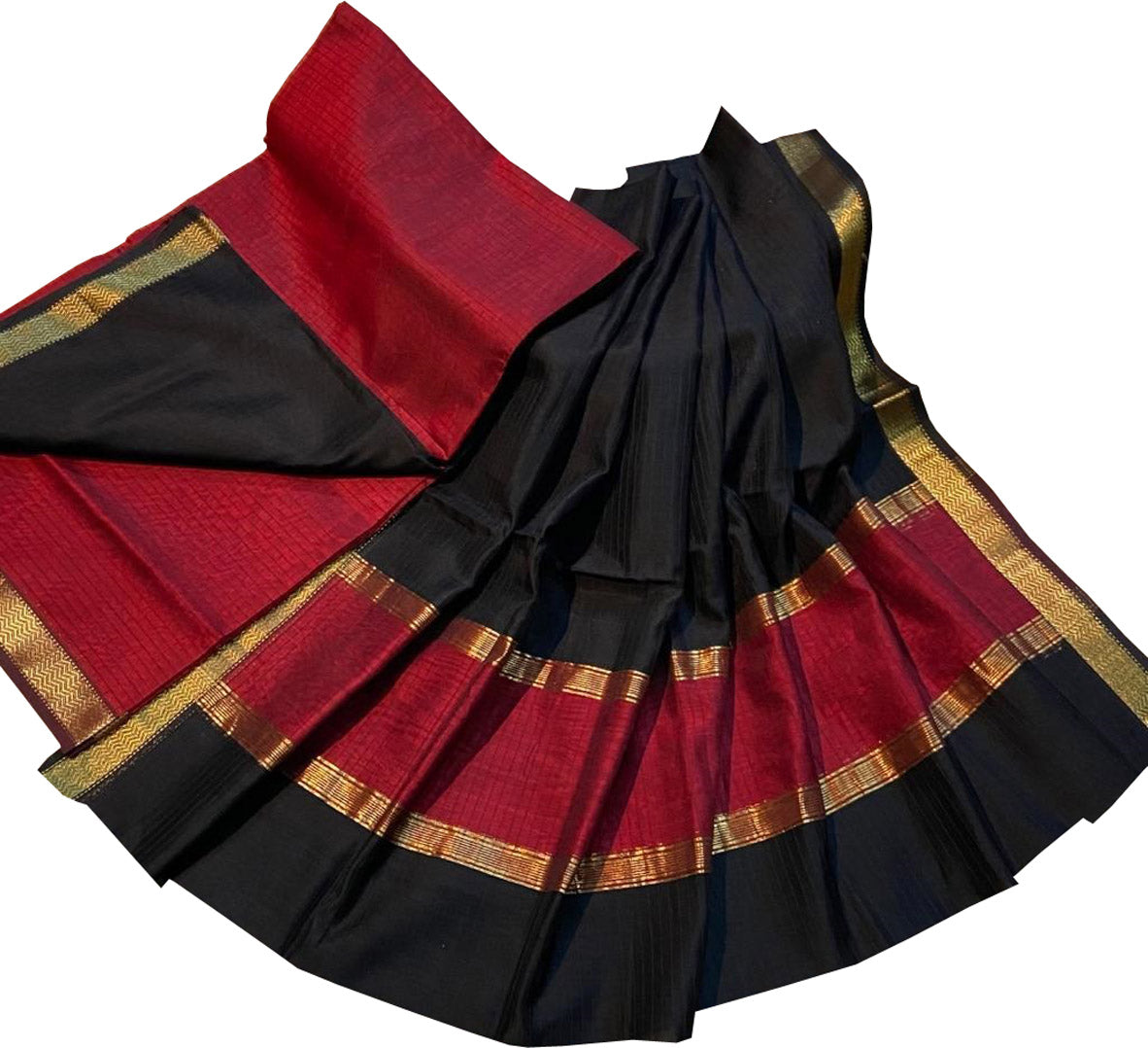 Black And Red Maheshwari Silk Cotton Three Piece Unstitched Suit Set - Luxurion World
