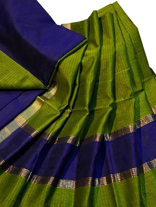 Green And Blue Maheshwari Silk Cotton Three Piece Unstitched Suit Set - Luxurion World