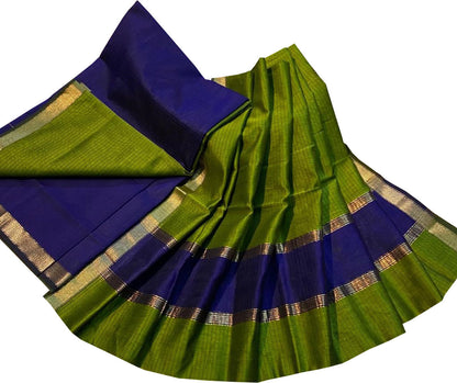 Green And Blue Maheshwari Silk Cotton Three Piece Unstitched Suit Set - Luxurion World