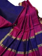 Pink And Blue Maheshwari Silk Cotton Three Piece Unstitched Suit Set - Luxurion World