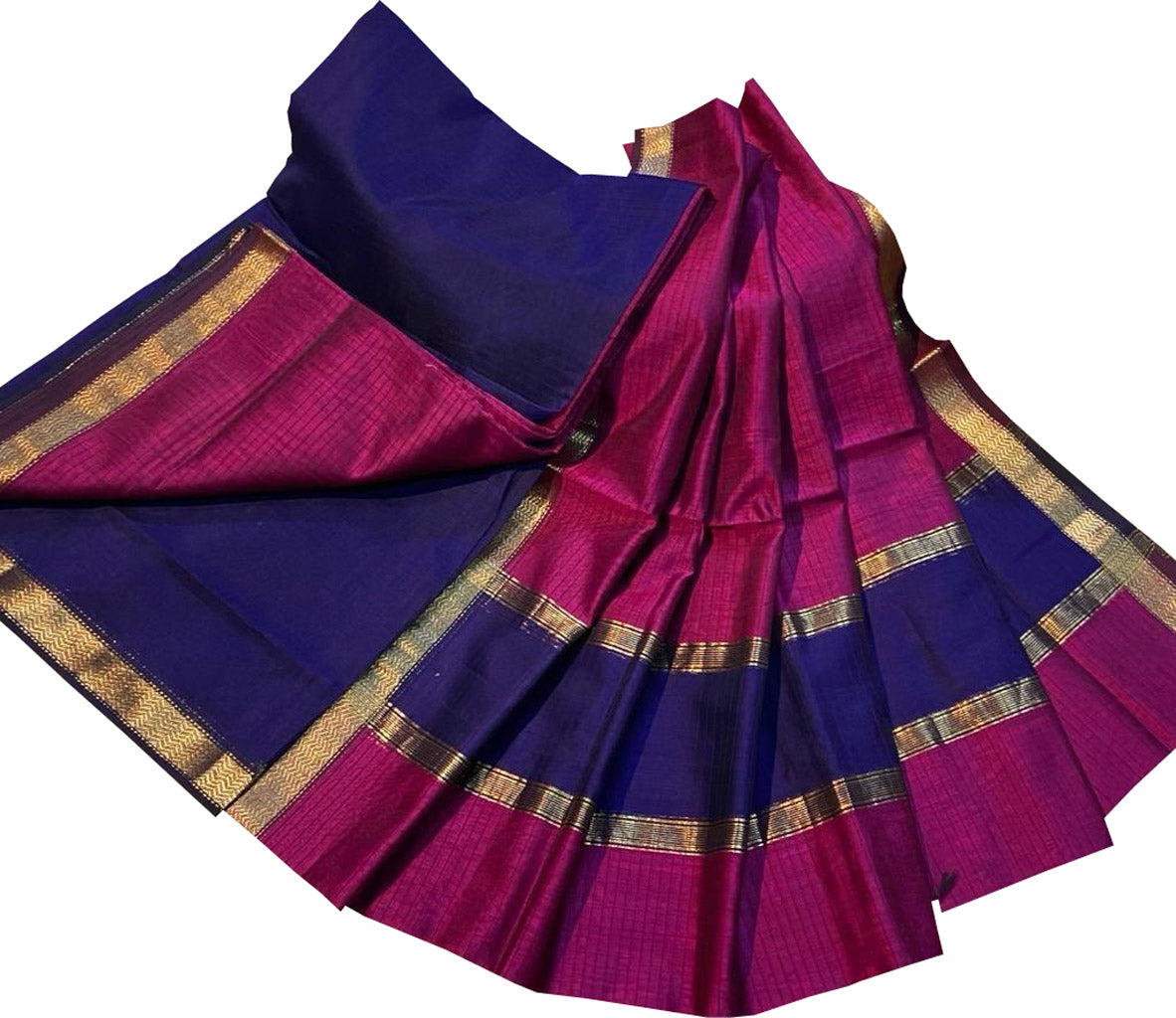 Pink And Blue Maheshwari Silk Cotton Three Piece Unstitched Suit Set - Luxurion World