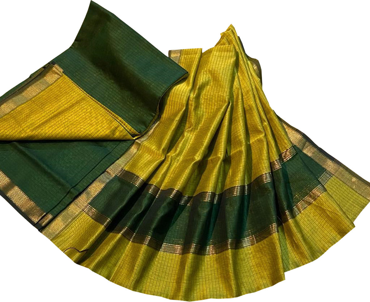 Green Maheshwari Silk Cotton Three Piece Unstitched Suit Set